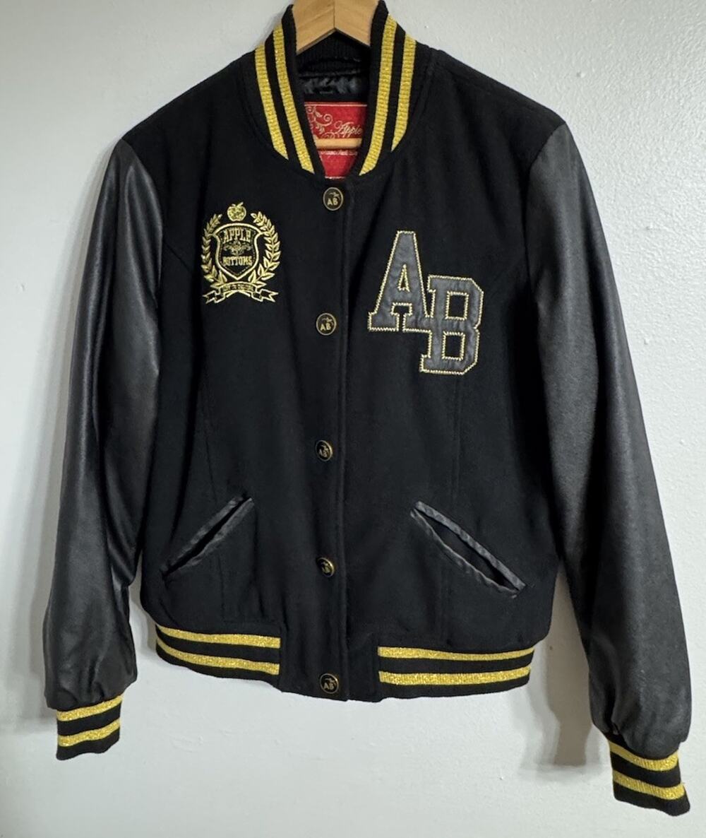 Apple Bottoms Varsity Jacket Black Men’s Size Large Logo Button Vintage Y2K 2000